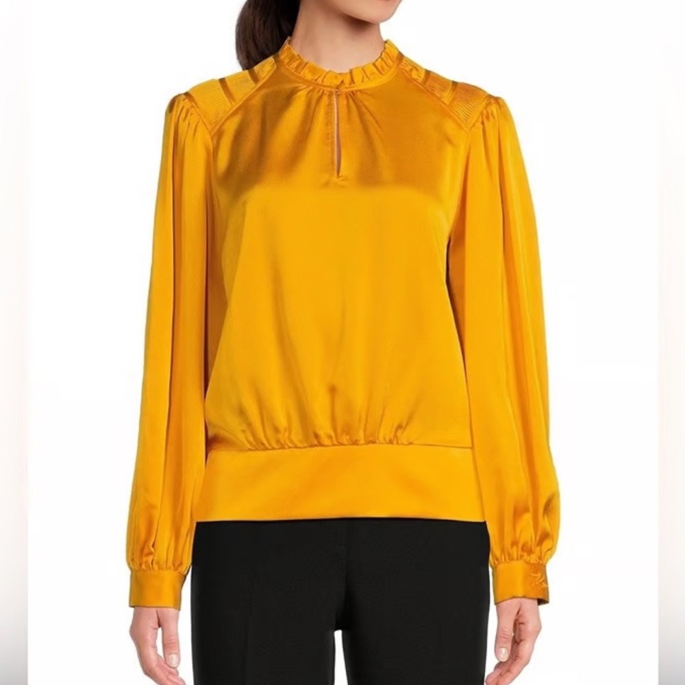 Karl Lagerfeld Paris Mustard Yellow Satin  Long Sleeve Blouse Size S